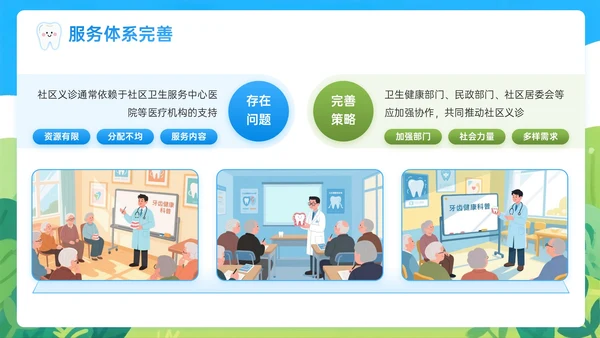 蓝绿色插画风关于社区义诊助力老年口腔保健PPT模板