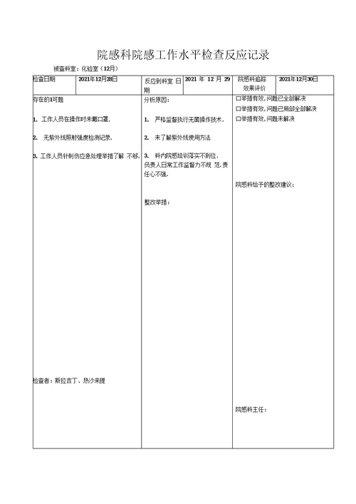 最新院感科院感工作质量检查反馈记录58195资料