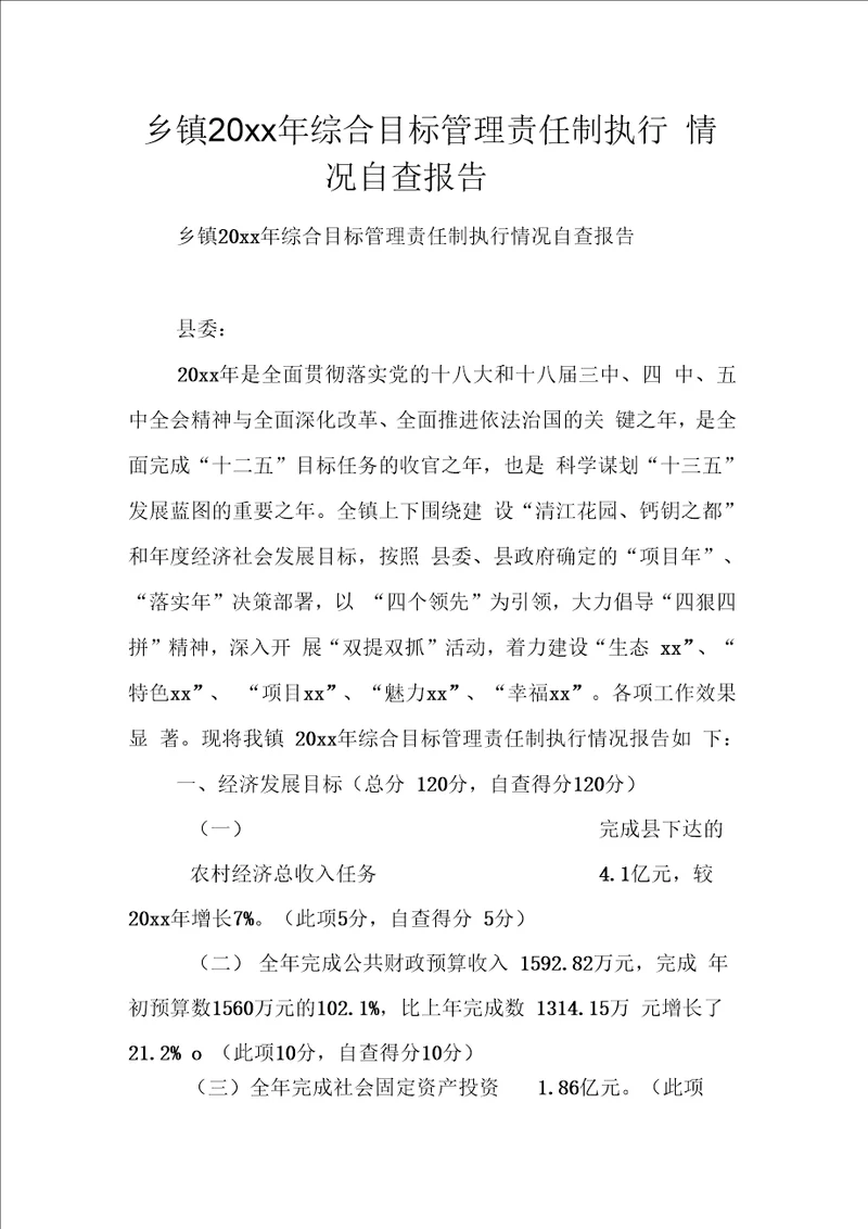 乡镇综合目标管理责任制执行情况自查报告