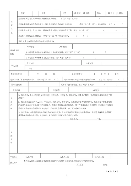 员工入职登记表经典范本