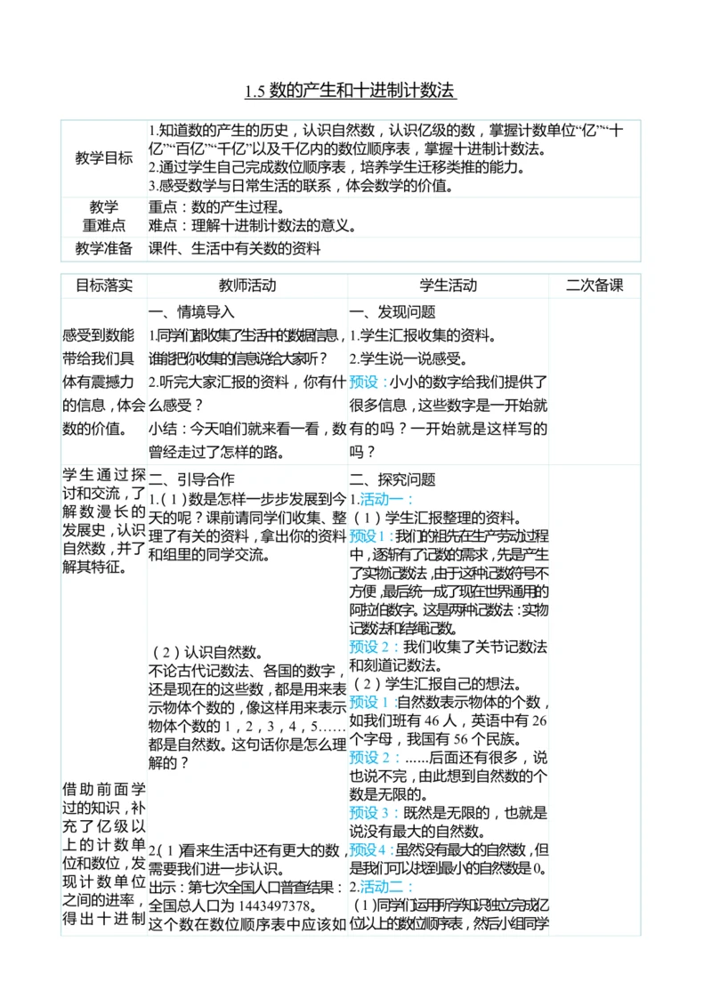 （大单元整体教学）1.5数的产生和十进制计数法（表格式）教学设计 人教版 四年级上册数学