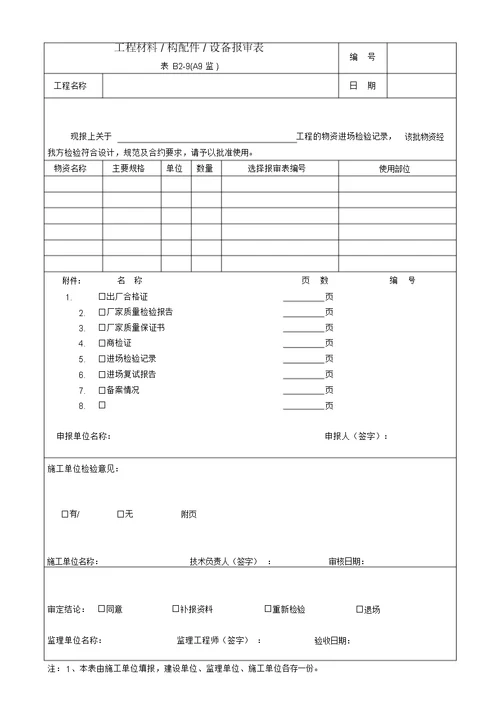 材料、构配件进场检验记录设备报审表报验申请表