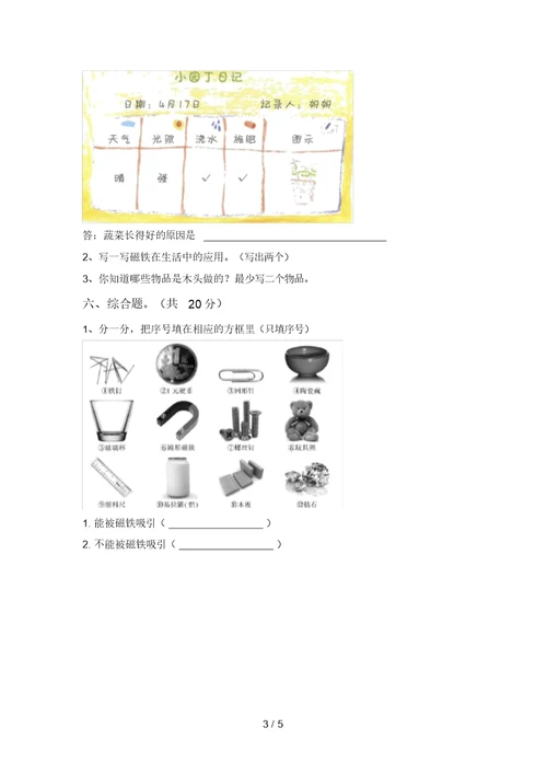 教科版二年级科学上册期中测试卷及答案【A4版】