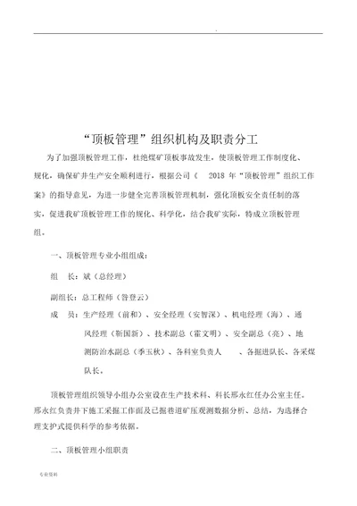 顶板管理专业小组组织机构及职责分工