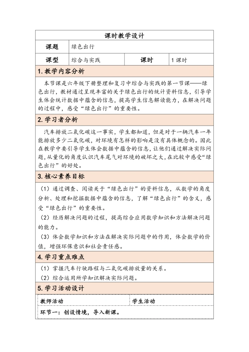 大单元教学【核心素养目标】6.5.1  绿色出行（表格式）教学设计