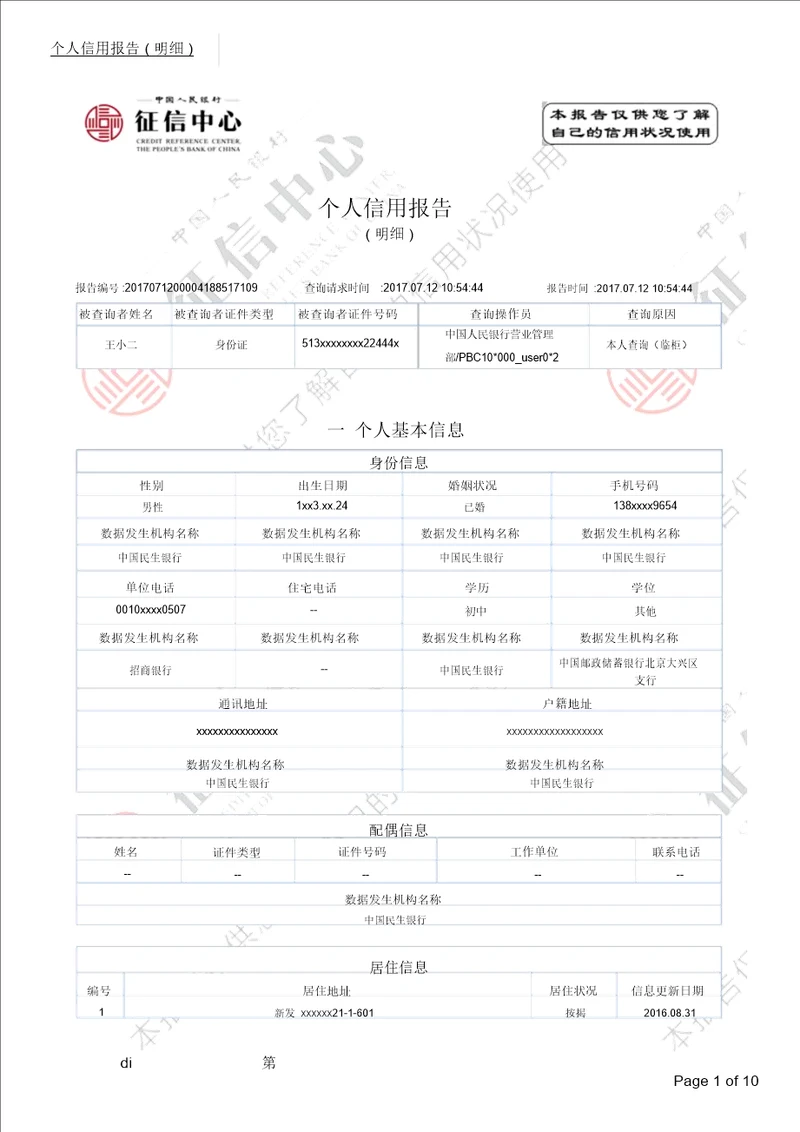 详细版征信报告模板含水印可编辑