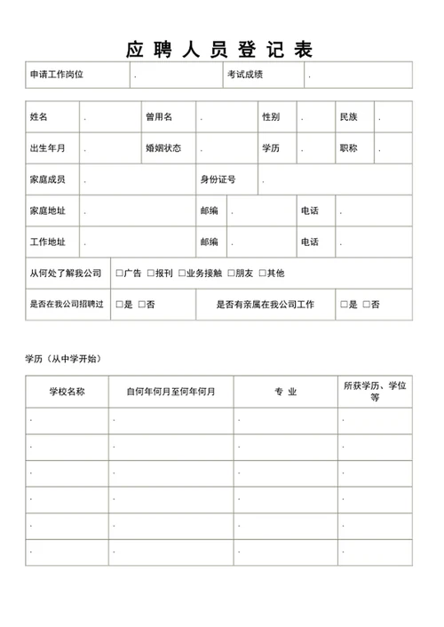 应聘人员登记表员工入职表word表格模板