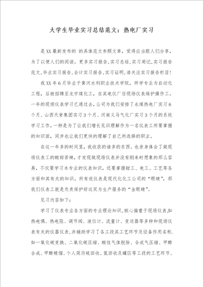 大学生毕业实习总结范文：热电厂实习