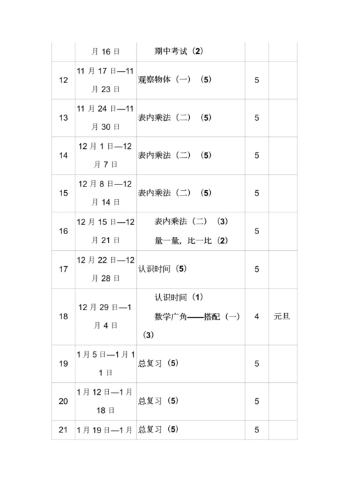 二年级上册数学教学计划及进度表.docx