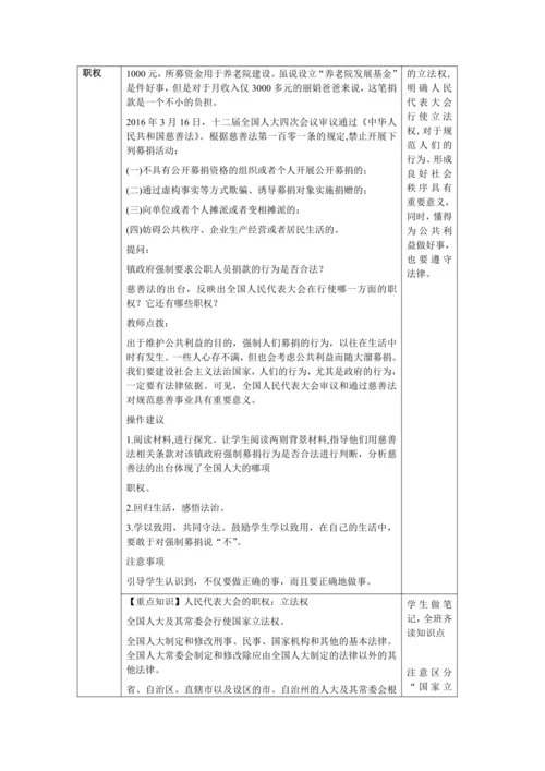 【核心素养目标】6.1 国家权力机关 教学设计（表格式）