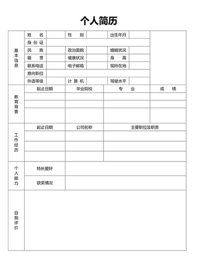 表格简历无经验实习应届生word模板