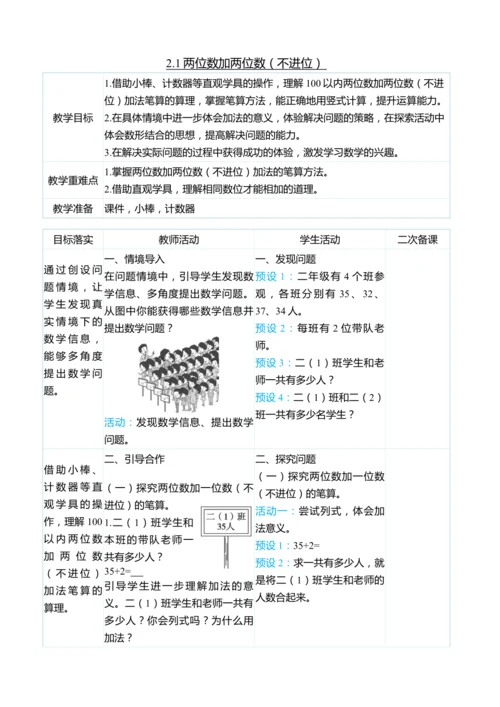 （大单元整体教学）2.1两位数加两位数（不进位）（表格式）教学设计  人教版 二年级上册数学
