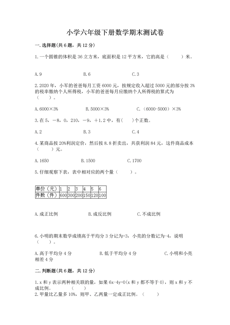 小学六年级下册数学期末测试卷含完整答案（网校专用）.docx