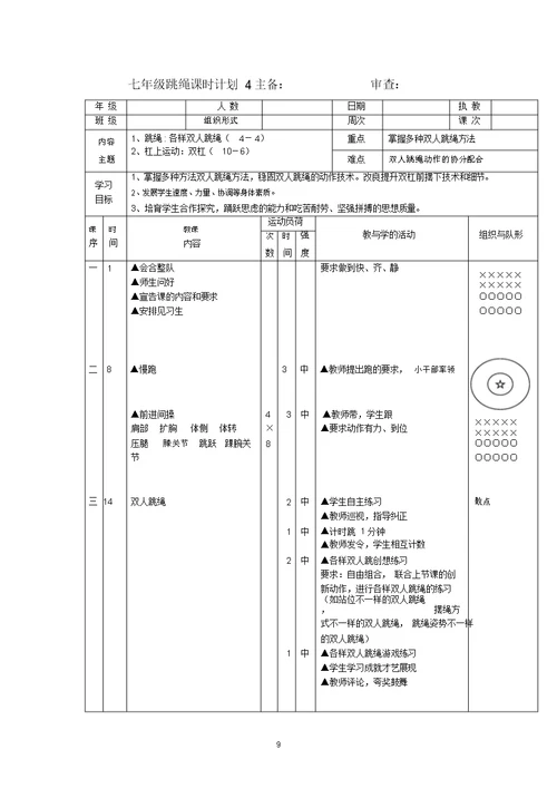 完整word版初中体育七年级跳绳单元教学计划及教案