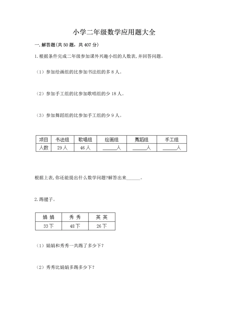 小学二年级数学应用题大全带答案（培优a卷）.docx