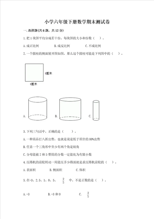 小学六年级下册数学期末测试卷附答案能力提升