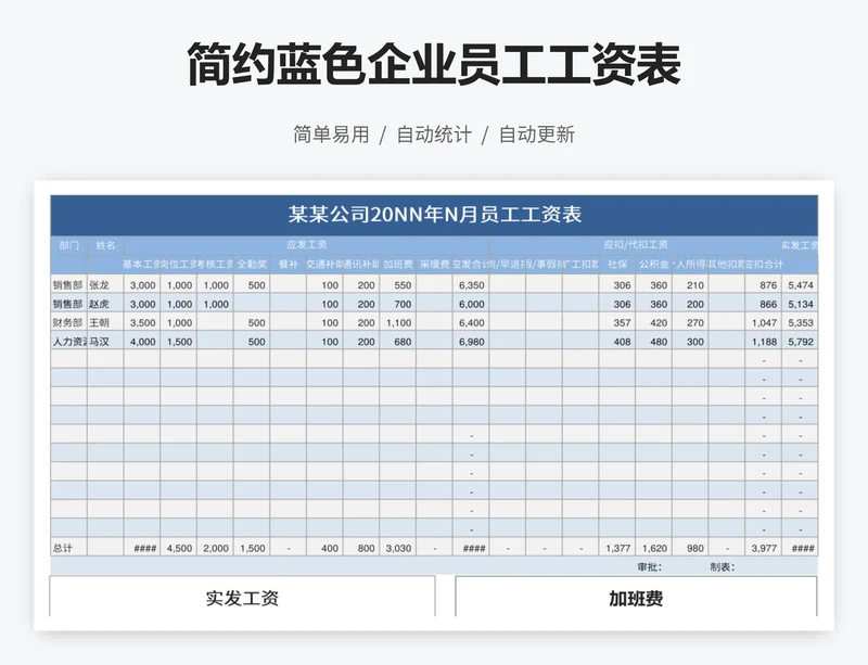 简约蓝色企业员工工资表