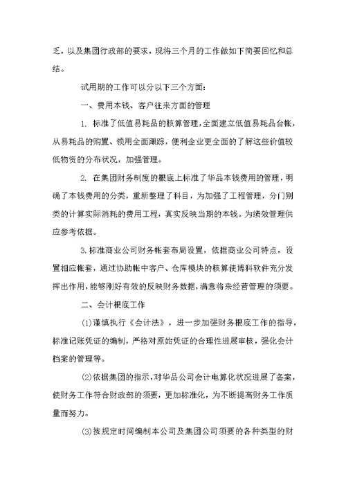 会计岗位试用期工作总结范文