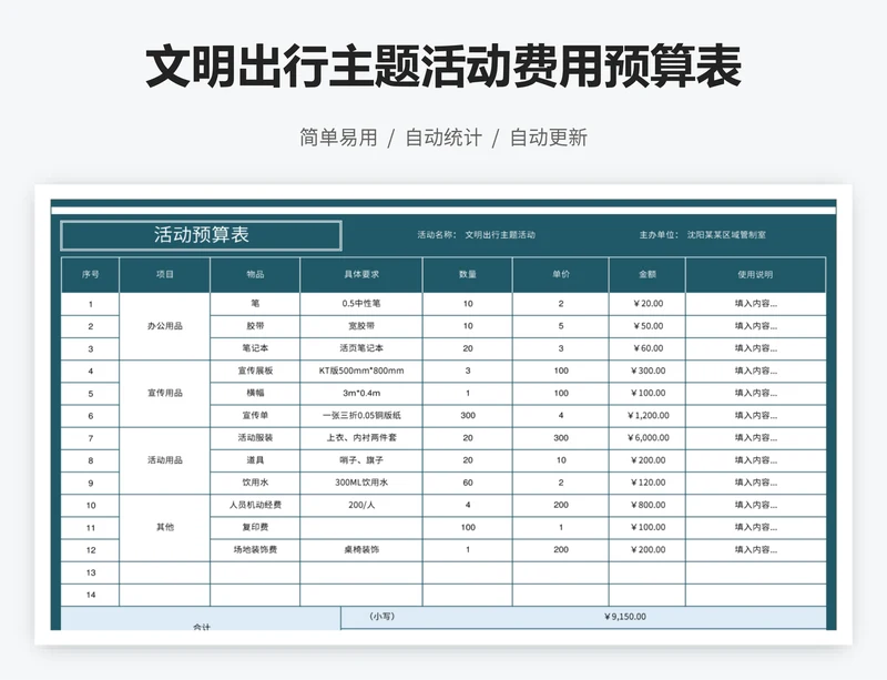 文明出行主题活动费用预算表
