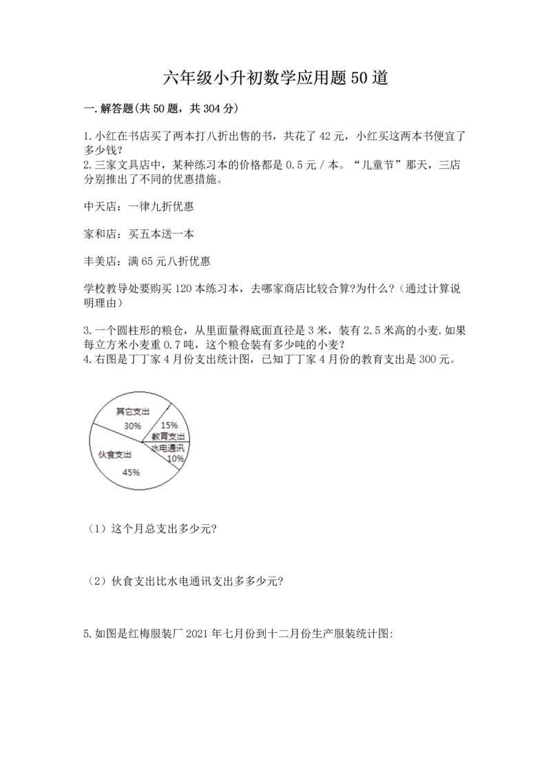 六年级小升初数学应用题50道附答案（黄金题型）.docx