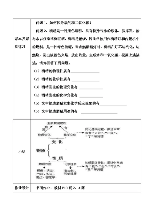 初三化学化学物质的变化和性质教案