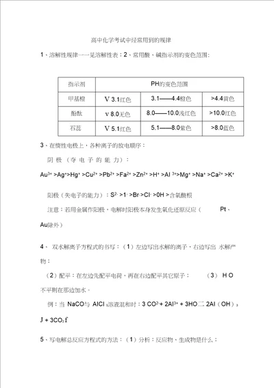 高中化学考试中经常用到的规律