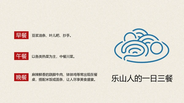 红蓝色手绘插画风乐山美食介绍PPT模板
