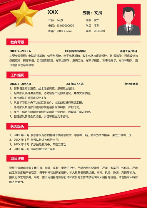 退伍军人转业文职类求职简历