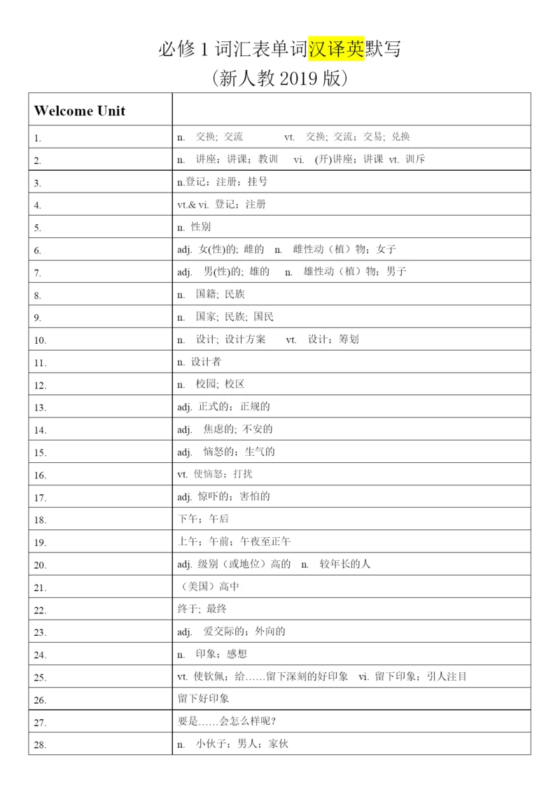高中英语人教版（2019）必修第一册 词汇表单词汉译英默写.docx
