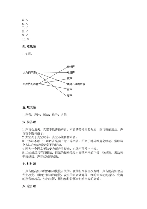 教科版科学四年级上册第一单元声音测试卷带答案ab卷