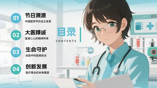 蓝色手绘卡通风医疗中国医师节节日科普PPT模板