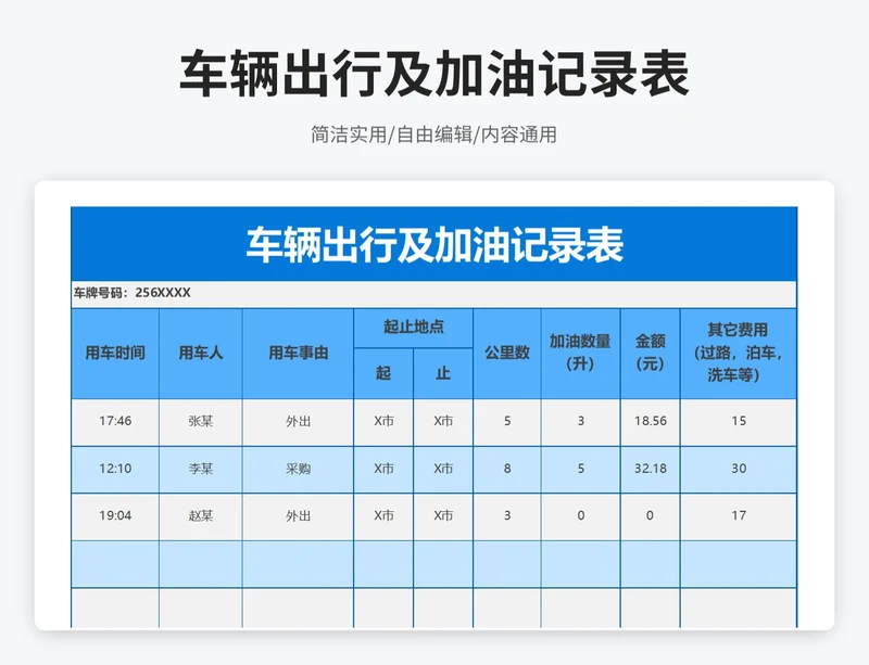 简约风车辆出行及加油记录表