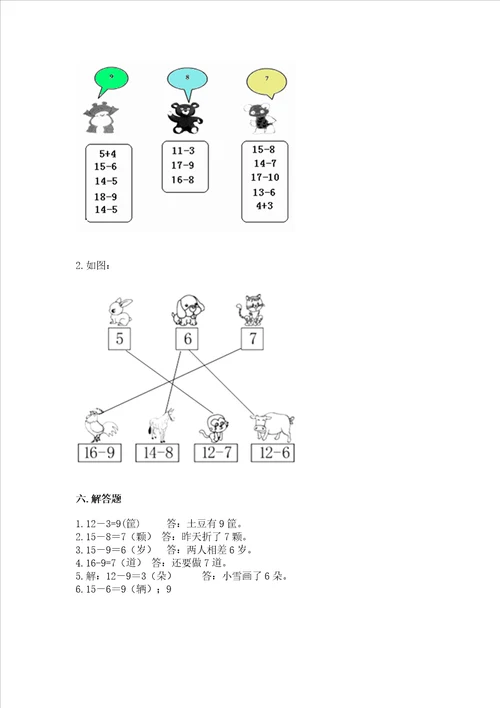 冀教版一年级上册数学第九单元 20以内的减法 测试卷【重点】