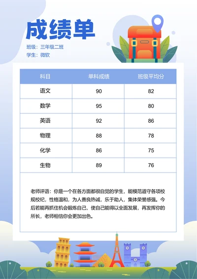 蓝色卡通插画成绩单