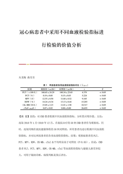 冠心病患者中采用不同血液检验指标进行检验的价值分析