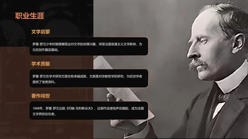 黑色复古风人物介绍——罗曼罗兰PPT模板