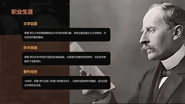 黑色复古风人物介绍——罗曼罗兰PPT模板