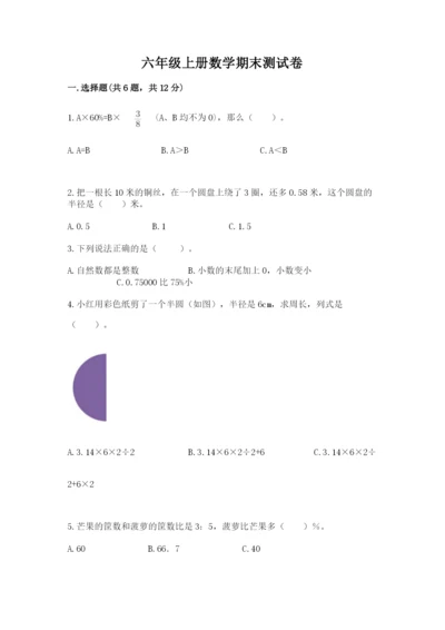 六年级上册数学期末测试卷及完整答案（考点梳理）.docx