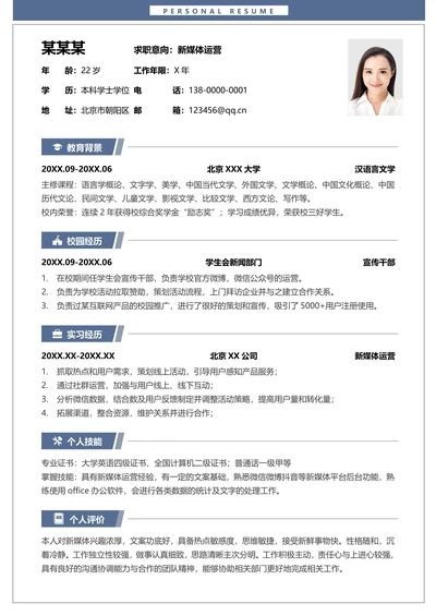 校招秋招应届生运营单页简历