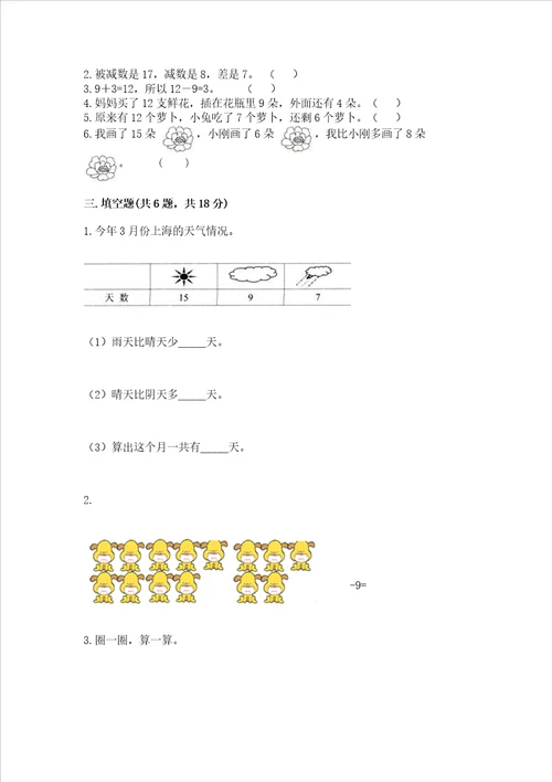 冀教版一年级上册数学第九单元20以内的减法测试卷附答案夺分金卷