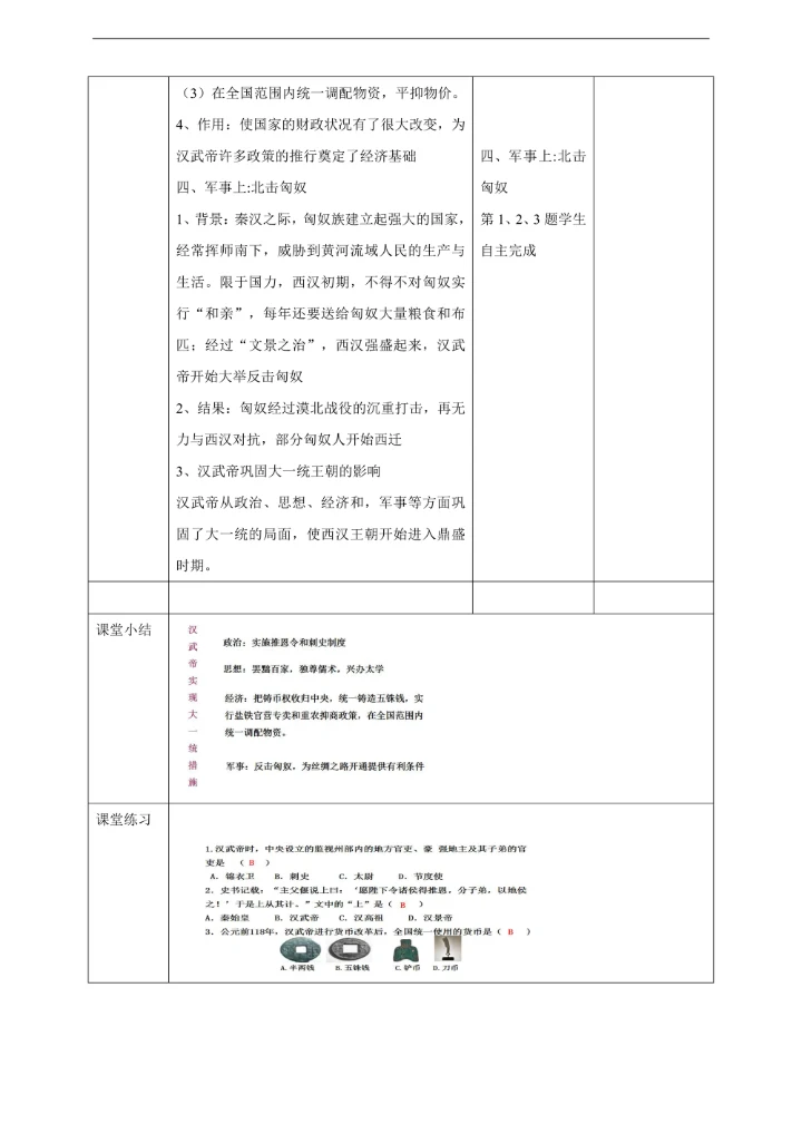 初中历史人教部编版七年级上册《第12课汉武帝巩固大一统王朝》教材教案