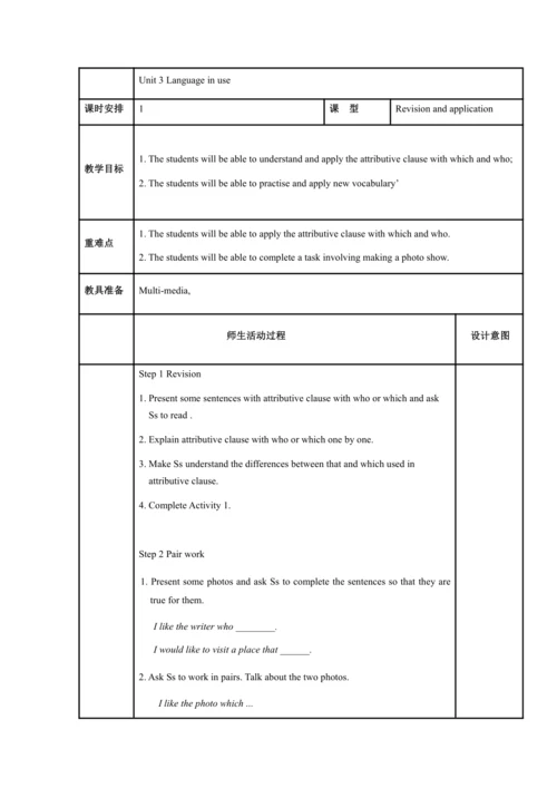 Module 11 Photos 模块表格式教案（5课时）
