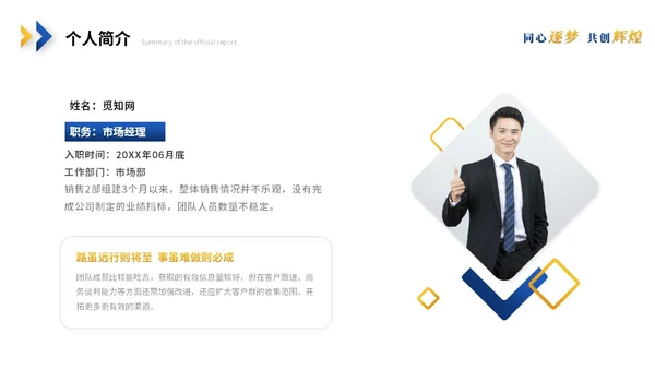 简约蓝黄商务转正述职报告工作汇报工作总结自我介绍ppt模板