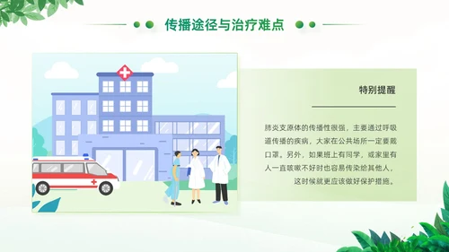 绿色小清新卡通风医院工作汇报支原体肺炎护理学习活动PPT模板