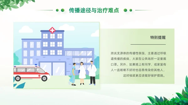 绿色小清新卡通风医院工作汇报支原体肺炎护理学习活动PPT模板