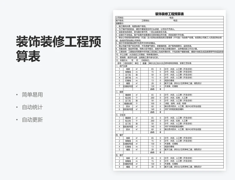 装饰装修工程预算表