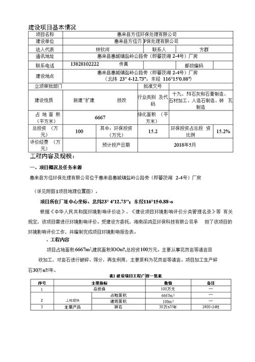 环境影响评价报告公示：惠来县方信环保处理有限公司环评报告