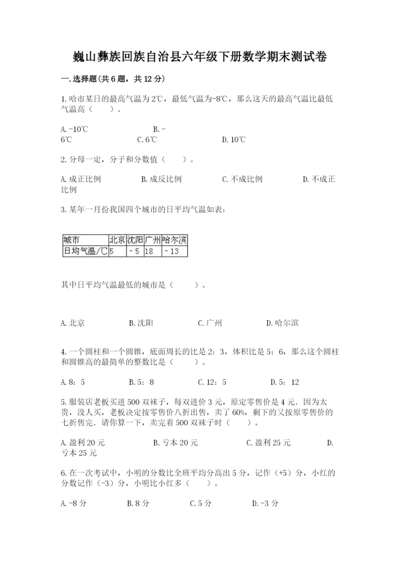 巍山彝族回族自治县六年级下册数学期末测试卷加精品答案.docx