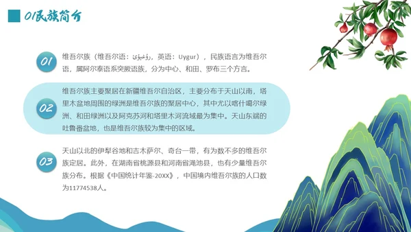 蓝绿色插画维吾尔族少数民族介绍学生PPT