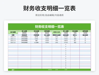 简约风财务收支明细一览表